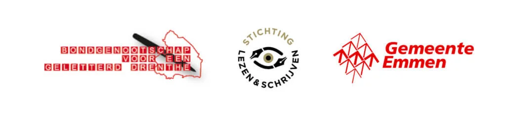 logo St. Lezen en Schrijven, gemeente Emmen en Bontgenootschap voor een geletterd Drenthe