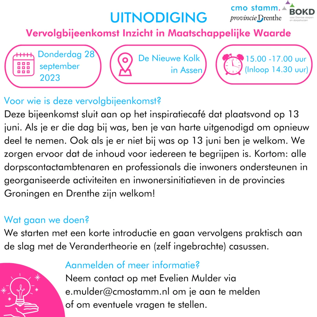 Deze bijeenkomst sluit aan op het inspiratiecafé dat plaatsvond op 13 juni. Als je er die dag bij was, ben je van harte uitgenodigd om opnieuw deel te nemen. Ook als je er niet bij was op 13 juni ben je welkom. We zorgen ervoor dat de inhoud voor iedereen te begrijpen is. Kortom: alle dorpscontactambtenaren en professionals die inwoners ondersteunen in georganiseerde activiteiten en inwonersinitiatieven in de provincies Groningen en Drenthe zijn welkom! 